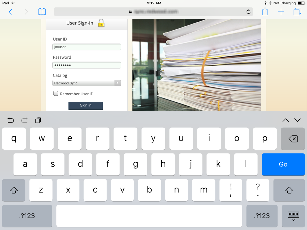 Screenshot of providing user credentials on iPad